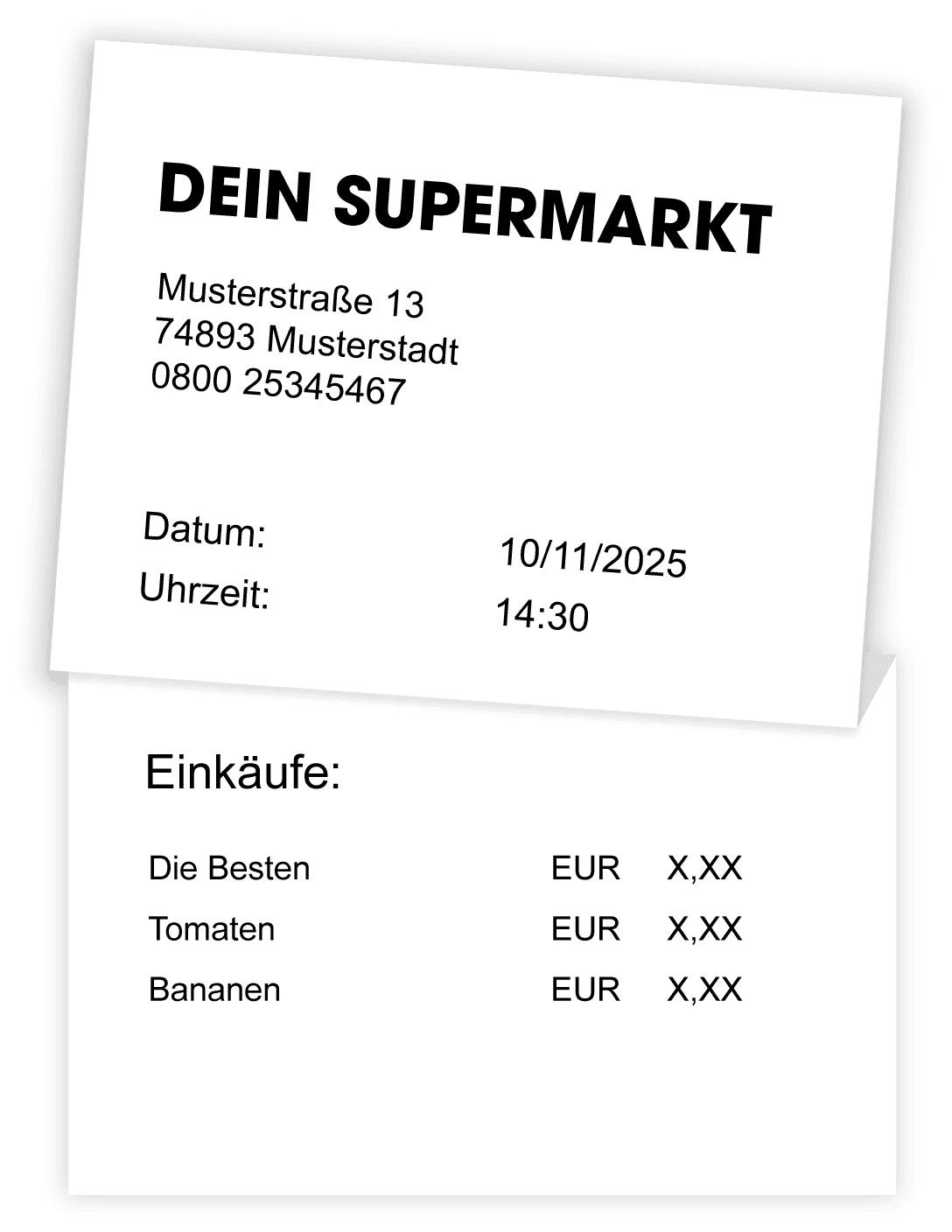 Kassenbon Beispiel Bild mit Datum, Uhrzeit, Postleitzahl und Aktionsprodukt